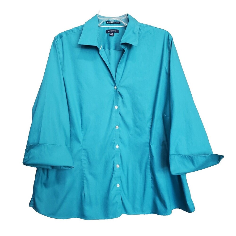 Lands' End Women's Teal No Iron Pinpoint Oxford Button-Up Shirt Size 22W